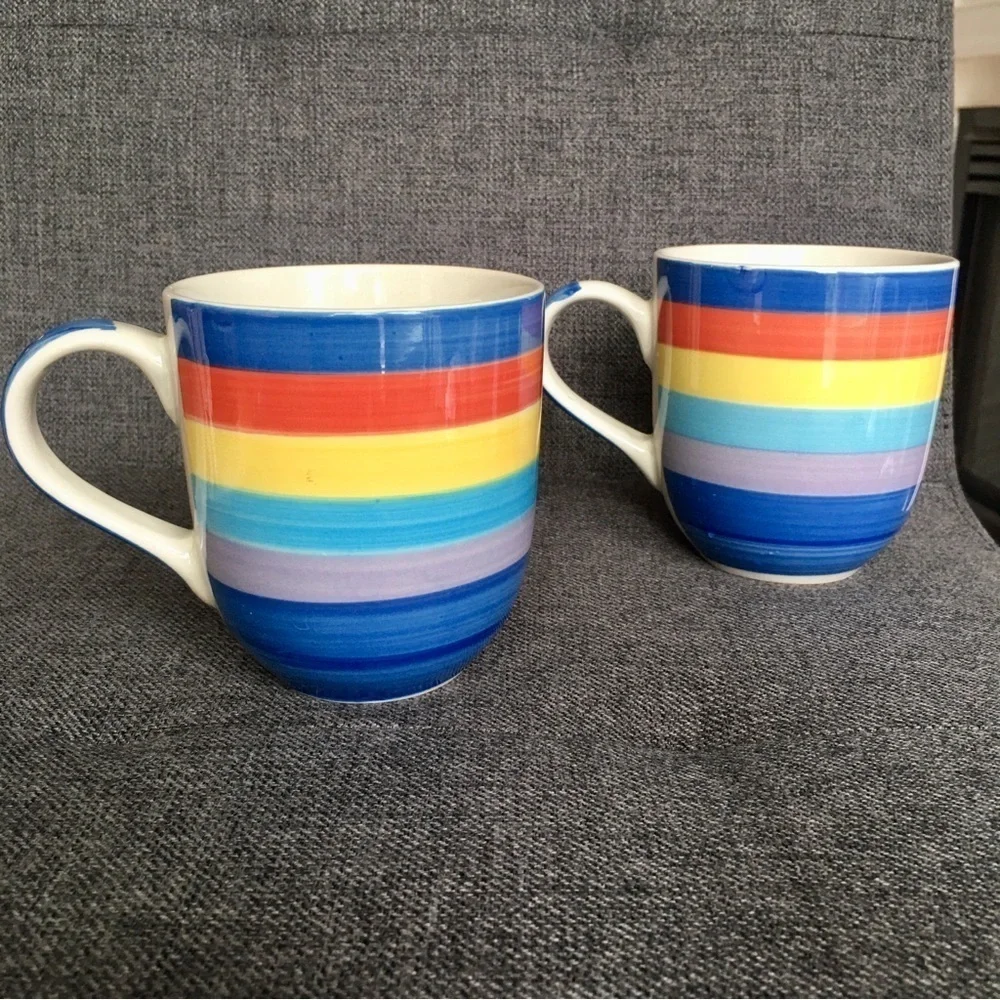 Set/2 Rainbow Striped Ceramic Coffee Mugs, 14 oz
